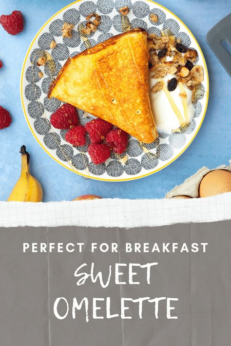 This Sweet Breakfast Omelette is fluffy, light and delicious. You might not think a sweet omelette would work, but I promise you, it really does! If you’re struggling to imagine this dish, think sweet soufflé, but made in a pan. The whipped eggs make this gorgeous sweet and easy breakfast omelette extra fluffy and light. And this twist on eggs for breakfast is especially good with the blueberries that burst with flavour, and the subtle crunch from the granola. #AMummyToo #Breakfast #Brunch Whipped Eggs, Sweet Omelette, Honey Breakfast, Breakfast Omelette, Fluffy Light, Healthy Eggs, Omelette Recipe, Light Bites, Potluck Recipes