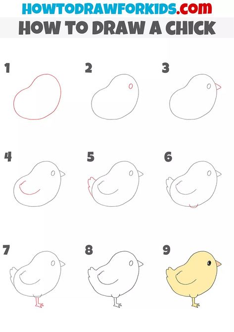 How to Draw a Chick Step by Step - Easy Drawing Tutorial For Kids How To Draw A Chicken Step By Step, Easter Chicks Drawing, Easter Chicks Diy, Easter Doodles, Kdp Books, Dibujos Ideas, Easter Drawings, Clay Crafts For Kids, Sketching Tips