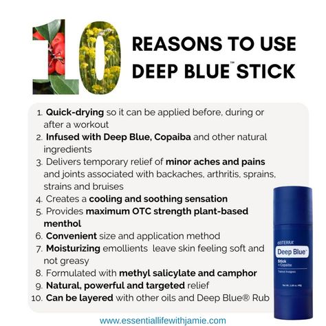 My favorite new product to come out of the 2021 Convention has got to be the Deep Blue Stick. (Who hasn’t had a “mishap” with Deep Blue Rub?) There are several reasons that the Deep Blue Line has a cult-like following. Enhance your workout. Rub on muscles before and after exercise to reduce discomfort. After all day at your computer, try rubbing Deep Blue essential oil blend on the shoulders and neck to recover and ease muscle tension. #deskjobwoes When the kids come home with a few bumps from Doterra Deep Blue, Doterra Deep Blue Rub, Deep Blue Doterra, Deep Blue Rub, Doterra Wellness Advocate, Diy Oils, Doterra Oils, Nerve Pain, Soul Sisters