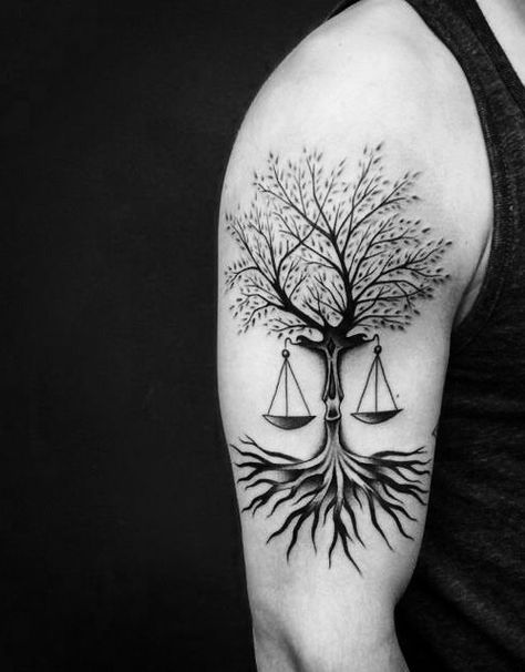 Libra tree & roots (all black) tattoo idea Scales Of Justice Tattoo, Tree Tattoo Chest, Libra Sign Tattoos, Libra Zodiac Tattoos, Justice Tattoo, Roots Tattoo, Balance Tattoo, Tattoo Tree, All Black Tattoos