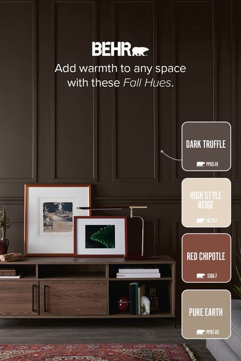 Transform your home into a warm, inviting sanctuary with these delicious fall colors. Best Brown Paint Colors Behr, Behr Brown Paint Ideas, Behr Dark Moody Colors, Dark Behr Paint Colors, Exterior Brown Paint Colors, Brown Paint Colors Behr, Behr Brown Paint, Brown Behr Paint Colors, Papered Ceilings