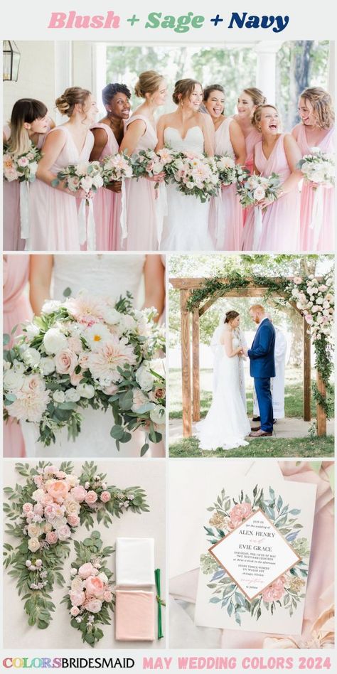 Blush, Sage and Navy May Wedding Colors 2024：White bridal gown, blush bridesmaid dresses with blush and white bouquets, blush flowers decorations with greenery, blush and sage invitations, wooden wedding arch with blush flowers. #bridesmaiddresses #weddingcolors #weddingideas #springweddings #maywedding #colsbm #2024 #blushpinkwedding Pastel Yellow Bridesmaid Dresses, May Wedding Colors, Wooden Wedding Arch, Wooden Wedding Arches, Wedding Color Schemes Summer, Boho Wedding Colors, Champagne Wedding Colors, Wedding Color Palette Summer, Spring Wedding Color Palette