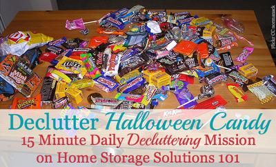 15 minute daily decluttering mission: Declutter your Halloween candy, with ideas for how to use or get rid of leftover candy including the Halloween Candy buy back program and more {on Home Storage Solutions 101} Candy Storage Ideas, Declutter Calendar, Holiday Organization Storage, Declutter 365, Reclaimed Wood Chandelier, Leftover Candy, Kids Organization, Leftover Halloween Candy, Farmhouse Light