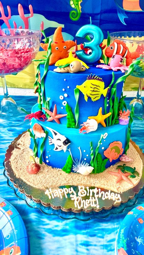 Three… under the sea themed party. #birthdayparty Under Water Cake Sea Theme, Under The Sea Birthday Cake Ideas, Under The Sea Cake Ideas, Ocean Theme Birthday Cake, Three Under The Sea, Underwater Birthday Cake, Under The Sea Cakes, Under The Sea Theme Cake, Under The Sea Birthday Cake