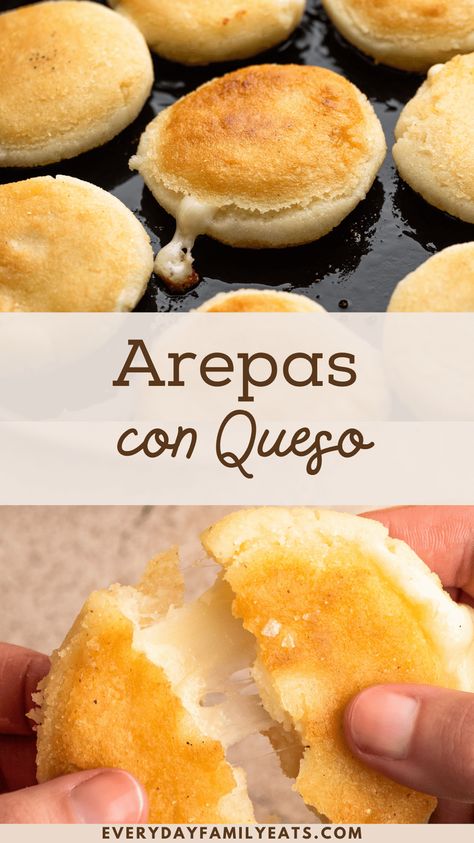 Arepas con queso are corn cakes stuffed plump with cheese and either pan-seared or griddled. They're a staple in many Latina American cultures but this recipe is for a Colombian-style arepa. Corn Arepas Recipe, Mexican Arepas Recipe, Healthy Arepas Recipe, Fresh Corn Arepas, Puerto Rican Arepas, Stuffed Arepas Recipe, Easy Arepas Recipe, Arepa Con Queso Recipe, Arepas Recipe Puerto Rican