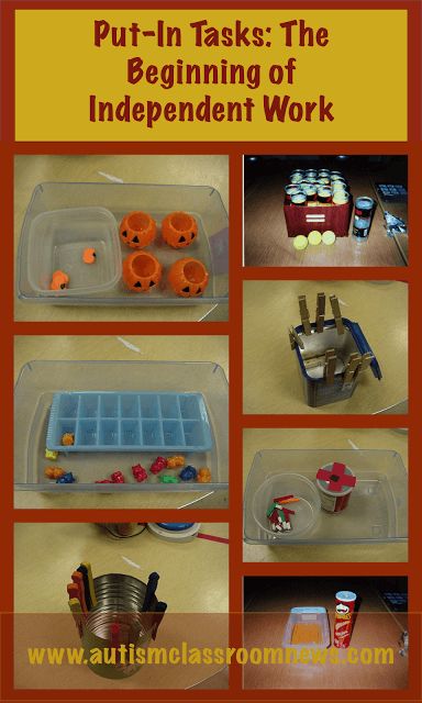 Put-In Tasks: The Beginning of Independent Work Systems Aba Clinic, Task Bins, Task Ideas, Teacch Activities, School Diy Ideas, Independent Work Tasks, Teacch Tasks, Asd Classroom, Independent Work Stations