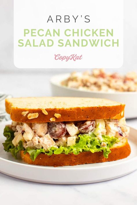 Love Arby's Pecan Chicken Salad Sandwich? Find out how to make it at home with this easy copycat recipe. A flavorful pecan, grape, and apple chicken salad is served on honey wheat bread. This incredible chicken salad sandwich with grapes, apples, and pecans is great for lunch or dinner. Arby's Chicken Salad Recipe, Arbys Chicken Salad, Dr Food, 0 Waste, Honey Wheat Bread, Pecan Chicken Salads, Chicken Salad With Apples, Delicious Chicken Salad, Pecan Chicken