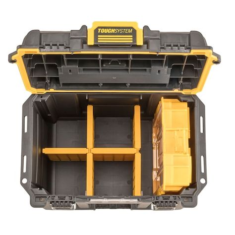 DEEP COMPACT TOOLBOX LID OPEN WITH INTERNAL CONTAINER Dewalt Tough System, Rolling Tool Box, Belt Hook, Tool Belt, Socket Set, Storage System, Ergonomic Handle, Tools And Equipment, Tool Storage