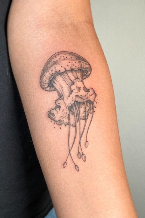 Beautiful white-spotted jellyfish tattoo. White Spotted Jellyfish, Spotted Jellyfish, Fineline Tattoo, Jellyfish Tattoo, Choosing Me, Fennec Fox, Sunflower Tattoo, Foot Tattoos, Ocean Themes