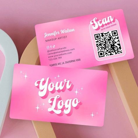 Modern Groovy Pink Logo Makeup Nails Salon QR Code Business Card (Promote your social media or websi howtodesignalogo #logodesigner. Kawaii Business Cards, Nostalgic Fonts, Lash Business Cards, Nail Business Cards, Nail Tech Business Cards, Studio Lash, Girly Business Cards, Hair Logo Design, Makeup Business Cards