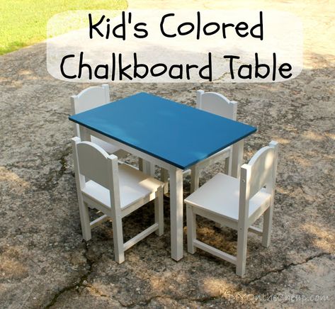 How to make a kid's colored chalkboard table. Colored Chalkboard Paint, Chalkboard Wall Bedroom, Chalkboard Projects, Kids Chalkboard, Preschool Room, Chalkboard Table, Superhero Bedroom, Outdoor Classroom, Chalkboard Wall