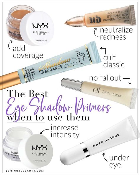 Best eye shadow primers and what each one is good for. My favorite eye shadow primers! I've tried hundreds of these primers, and there are some differences between them. These are the ones that have worked the best for me. Oily Skin Products, Best Eyeshadow Primer, Primer For Oily Skin, Eye Shadow Primer, Best Eyeshadow, Red Makeup, Makeup Guide, Best Beauty Tips, Eyeshadow Primer