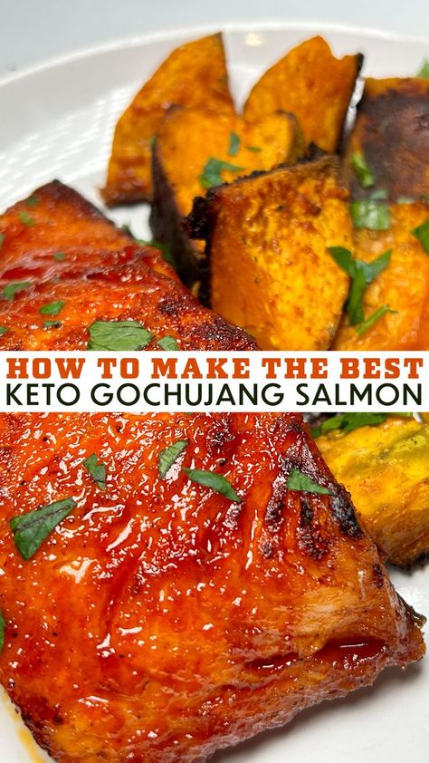 Keto Gochujang Salmon (4g of Net Carbs) This crispy skin salmon topped with a spicy glaze is the bomb! The sauce is sweet and savory with a bit of a kick, but not too much of a kick. I roasted kabocha squash as a side, and it was perfect! Easy-peasy! https://ketoniafoods.com/recipes/how-to-make-the-best-keto-gochujang-salmon Gochujang Salmon, Low Carb Easy Recipes, Crispy Skin Salmon, Roasted Kabocha Squash, Salmon Soy Sauce, Low Carb Easy, Kabocha Squash, Salmon Filet, Chili Paste