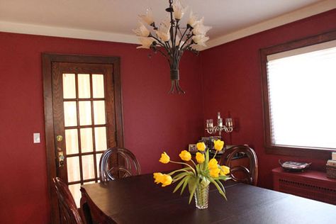 We chose Benjamin Moore 2084-20 Maple Leaf Red, a warm terra cotta that was just perfect. Red Accent Wall Dining Room, Feng Shui Dining Room, Feng Shui Kitchen Colors, Dining Room Wall Color, Feng Shui Colors, Room Feng Shui, Dining Room Layout, Dream Products, Red Dining Room