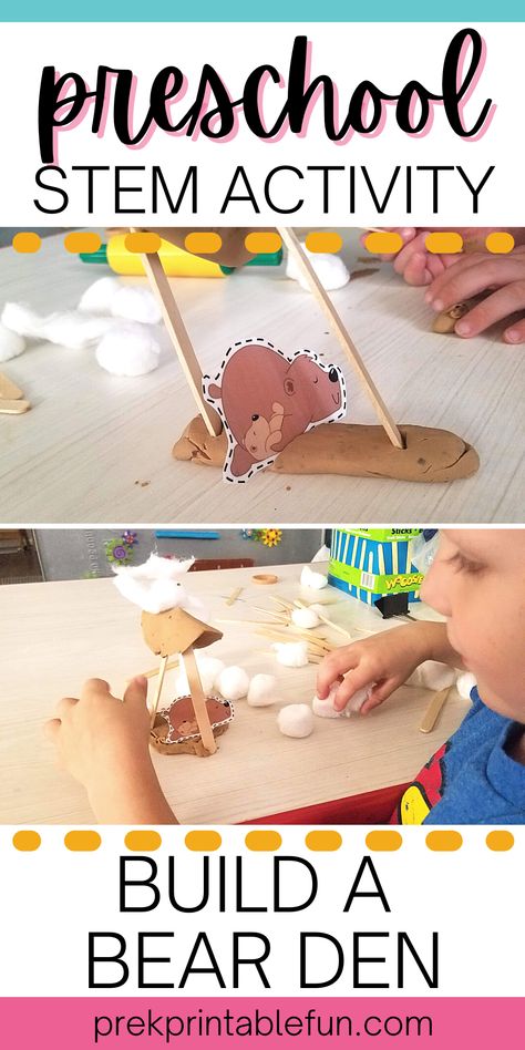 This free STEM bear den building activity is great to compliment your study of winter animals. Animals Getting Ready For Winter Preschool, Homes And Habitats Preschool Crafts, Wildlife Stem Activities, Hibernation Stem Activity, Bear Wants More Activities Preschool, Hibernation Station Preschool Activities, Bear Den Craft Preschool, Bear Science Preschool, Forest Friends Preschool Activities