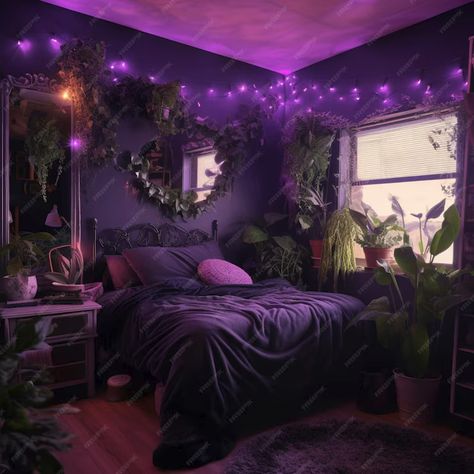 Premium Photo | Purple bedroom with a bed and a lot of plants and lights generative ai Light Purple Bedroom, Plants And Lights, Built Ins Dining Room, Dining Room Mid Century, Dining Room Built Ins, Exterior House Design, Bedroom Decor Dark, Photo Purple, Dark Blue Bedrooms