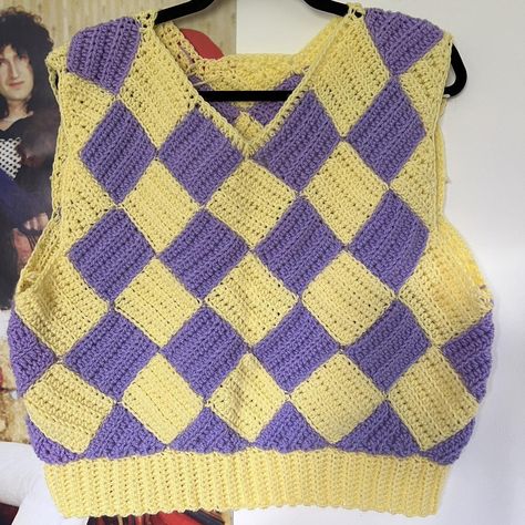 Purple and yellow checkered handmade crochet sweater... - Depop Purple And Yellow Crochet, Yellow Crochet Sweater, Crochet Sweater Vest, Yellow Checkered, Purple Crochet, Yellow Crochet, Yellow And Purple, Purple And Yellow, Crochet Sweater