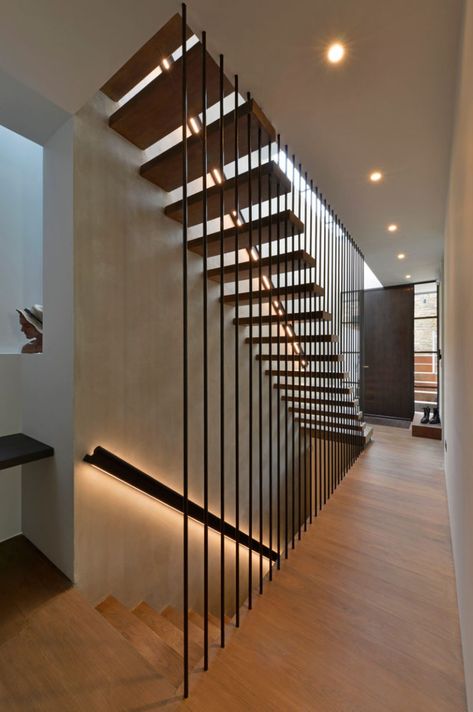 Design Detail - These Wood Stairs Have A Handrail With Hidden Lighting Wood Stair Handrail, Wood Railings For Stairs, Staircase Design Modern, Hidden Lighting, Contemporary Staircase, Wood Railing, Stairs Design Modern, Stairway Design, Floating Stairs