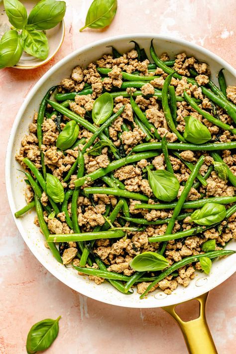 Turkey, Green Bean + Basil Stir Fry - The Defined Dish Ground Turkey Green Bean Stir Fry, Basil Stir Fry, Turkey And Green Beans, Protein Dinners, The Defined Dish, Defined Dish, Protein Dinner, Cooking Green Beans, Whole30 Dinners