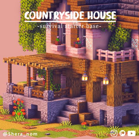 Hey there! Here is a cozy Cherry Survival house!  Build downloads are available for supporters on Patreon Spruce And Cherry House Minecraft, Minecraft Id, Minecraft Castle Blueprints, Survival Minecraft, Survival House, Minecraft Building Guide, Cottagecore Country, Minecraft Structures, Minecraft Banner Designs