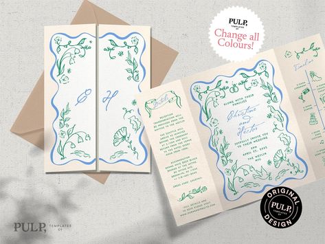 WEDDING INVITATION TEMPLATE Gate Fold Hand Drawn Romantic Floral Illustrations & Handwritten colorful, Fun, Whimsical Timeline 0046 - Etsy Illustrated Wedding Invitations, Folded Hands, Singles Events, Floral Illustrations, Wedding Invitation Templates, Invitation Paper, Handwriting, Wedding Invitation, Wedding Stationery