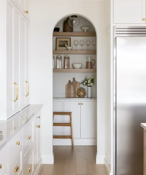 Kitchen Niche, Open Pantry, White Modern Farmhouse, Pantry Remodel, Arched Doors, Pantry Design, Modern Farmhouse Kitchens, Home Upgrades, White Cabinets