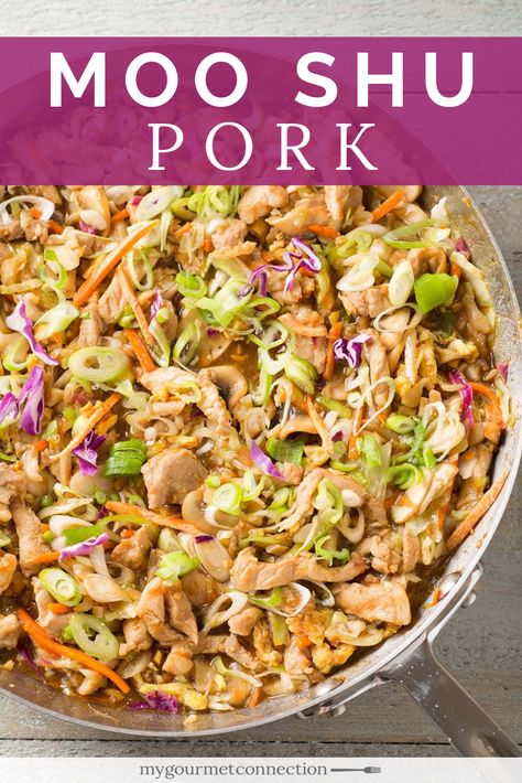 Tender strips of pork and store-bought coleslaw mix combine with a tangy sauce to make a fast, easy version of this Chinese restaurant favorite. #mooshupork #chinesefood #takeoutmakeover #mygourmetconnection Pork Chops Mushrooms, Moo Shu Pork, Moo Shu, Homemade Chinese Food, Asian Pork, Chinese Cooking Recipes, Easy Chinese Recipes, Coleslaw Mix, Chinese Dishes