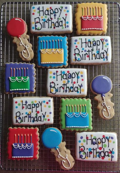 Birthday Cutout Cookies, Celebration Cookies Decorated, Colorful Birthday Cookies, Easy Birthday Cookies Decorated, Happy Birthday Royal Icing Cookies, Boy Birthday Cookies Decorated, Simple Birthday Cookies Decorated, Birthday Cake Cookies Decorated, Happy Birthday Cookies Decorated