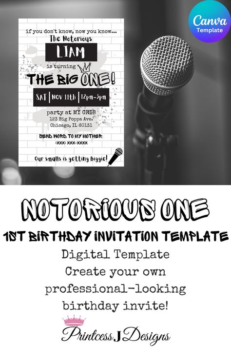 To all the babies in the place, with style and grace! 🖤 Hip hop on over to the Etsy Shop to check out our new Notorious BIG inspired 1st Birthday invitations (available now)! Make sure the homies and their crew all pull up to the crib for this once in a lifetime bash! Notorious One, Hip Hop Birthday, 1st Birthday Invitation Template, The Homies, Biggie Smalls, Notorious Big, 1st Birthday Invitations, First Birthday Invitations, Birthday Invitation Template