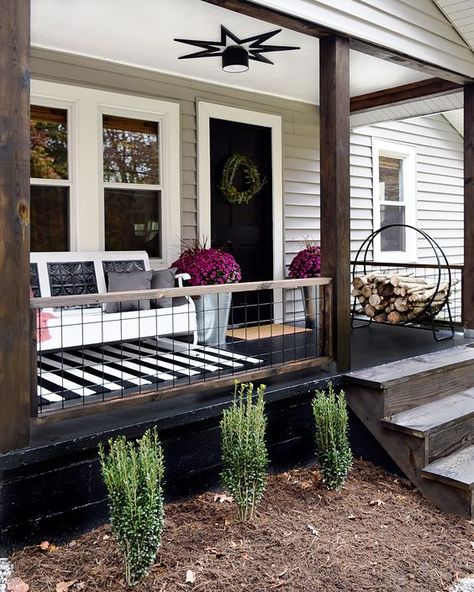 11 Narrow Porch Decorating Ideas - finding mandee Unusual Gray Sherwin Williams, Long Porch Decorating Ideas, Narrow Porch Decorating Ideas, Long Front Porch Ideas, Narrow Front Porch Ideas, Narrow Porch, White Dove Cabinets, Unusual Gray, Deck Paint Colors