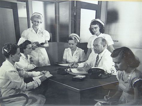 Vintage view of medical office staff, doctor and nurses  Rochester NY Vintage Medical Aesthetic, 1940s Nurse Aesthetic, 1930s Doctor, 60s Hospital, 1950 Nurse, 60s Mental Hospital, Maria Schneider, Vintage View, Insane Asylum