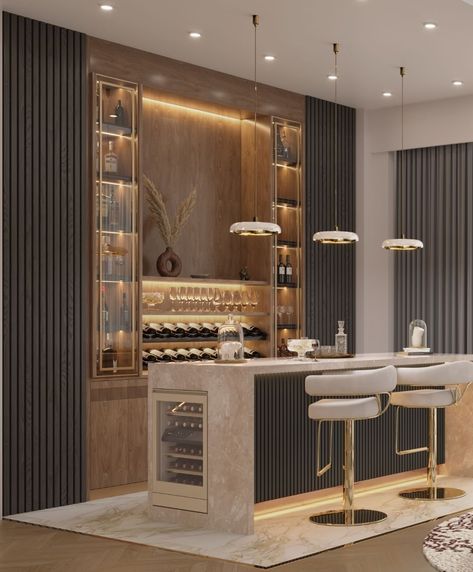 Modern Bar Ideas, Home Bar Designs Luxury, Contemporary Home Bar Designs, Luxury Bar Design, Modern Home Bar Designs, Bar Lounge Room, Bar Counter Design, Home Bar Areas, Home Bar Rooms