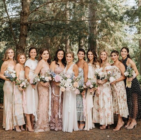 Bridesmaids In Pants, Mixed Shades Bridesmaid Dresses, Variety Color Bridesmaid Dresses, Mismatched Bridesmaid Dresses Neutral Floral Prints, Whimsical Bridesmaid Dresses Boho, Boho Bridesmaid Dress Spring, Neutral Patterned Bridesmaid Dresses, Bridesmaid Mix Match Dresses, Neutral Color Bridesmaid Dresses Mix Match