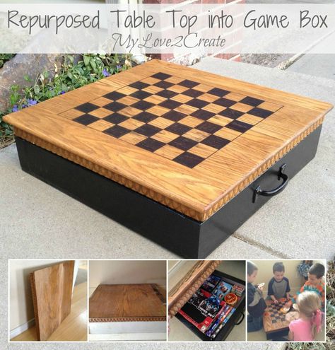 Repurposed table top into game box #repurposed #furniture #kids #games #diy Repurposed Table, Diy Table Top, Woodworking Joinery, Garden Art Projects, Game Table, Diy Games, Games Box, Weekend Projects, Diy Table