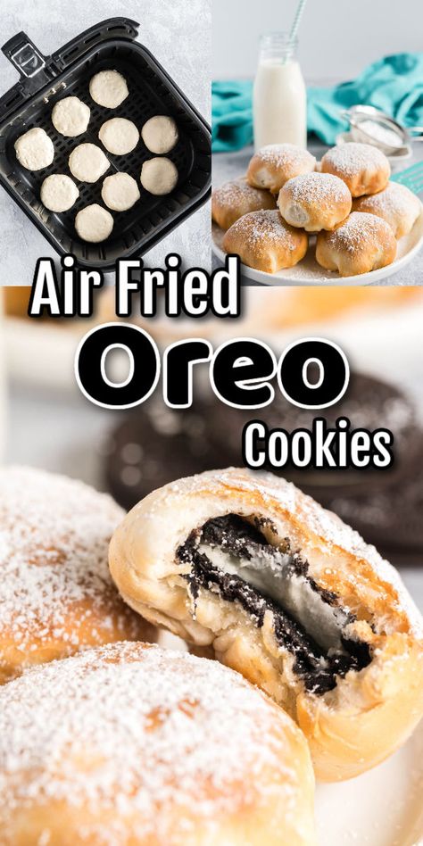 Air Fry Oreo Cookies, Biscuit Dough Recipes Canned Air Fryer, Airfryer Fried Oreos, Air Fryer Oreos Biscuits, Oreo Hacks Snacks, Air Fry Oreos, Air Fried Cookie Dough, Airfryer Oreos, Cookies Airfryer