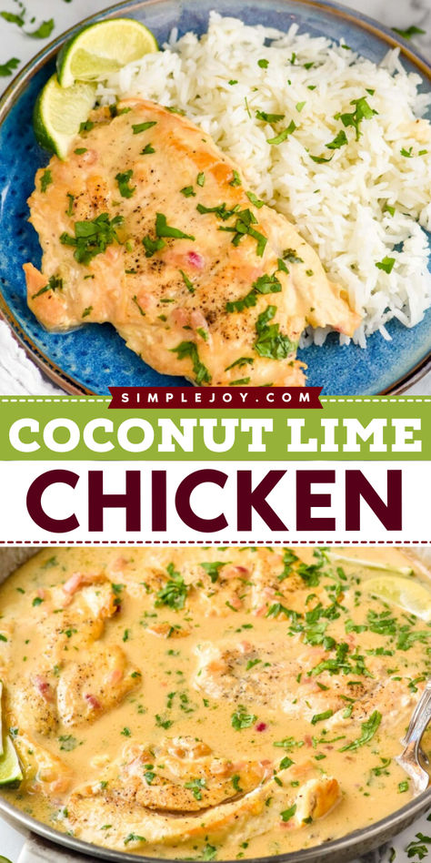 Coconut Lime Chicken is an easy one pot recipe that is full of delicious flavor. Your family will love this fantastic dinner recipe. Meals With Lime, Lime Dinner Recipes, Lemon Sauce For Chicken, Coconut Lime Rice, Coconut Chicken Recipe, Coconut Milk Chicken, Cajun Chicken Recipes, Coconut Lime Chicken, Chili Lime Chicken