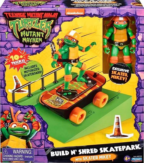 The Teenage Mutant Ninja Turtles are one mean, green, skateboarding team! After Michelangelo leaves the sewer with his brothers, they run into some mutant mayhem in the big city. Help Mikey shred the competition and carve out some family time along the way with this motorized skateboard full of tricks! Includes an exclusive Michelangelo action figure. Try out Mikey’s ramp or collect all the Turtles’ Build n’ Shred Skatepark sets and combine their ramps into one! NOTE: Skateboards are only co... Tmnt 2023, Motorized Skateboard, Bee Birthday Cake, Havana Party, Hulk Buster, Mutant Mayhem, Mean Green, Bee Birthday, Skate Park