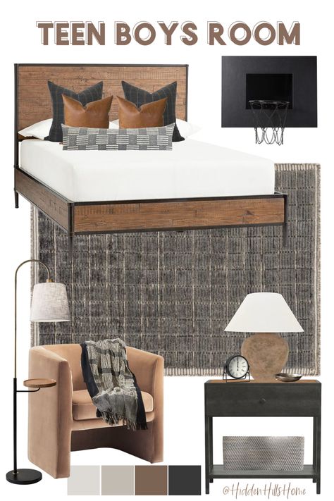 Boys bedroom decor mood board with charcoal black and brown tones! Masculine bedroom decor ideas for a teen boy Teenage Boys Bedroom Ideas Modern, Teen Boy Bed, Room Decor Mood Board, Teen Boys Room, Decor Mood Board, Boys Bedroom Paint, Boys Room Design