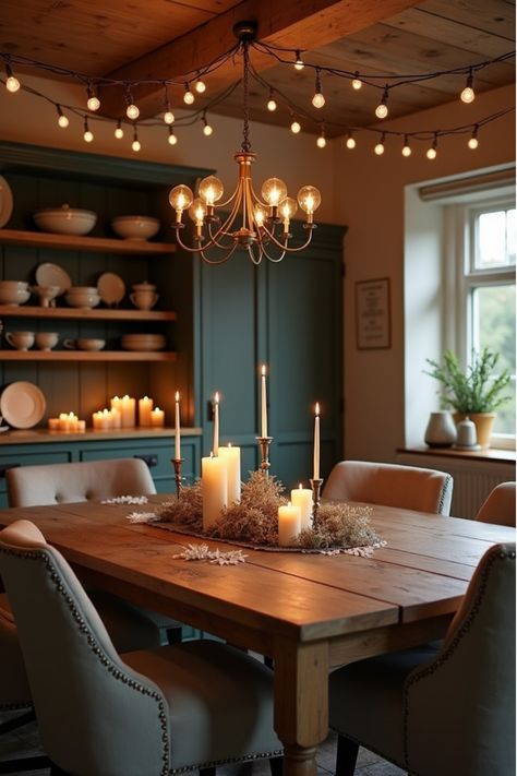 Intimate farmhouse dining room with hutch and soft lighting Dining Room Inspiration Contemporary, Cozy Family Dining Room, Dining Room Ideas Cozy, Dinner Area Ideas, Modern Farmhouse Small Dining Room, Unique Kitchen Table Ideas, Dining Room And Living Room, Moody Small Dining Room, Cozy Earthy Dining Room