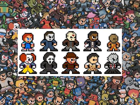 Horror Icons Character Pixel Sprite Vinyl Decal set of 10 for laptops. Featuring the designs of 8-BitHero. Sprite Character, Stickers Horror, Horror Stickers, First Class Stamp, Cat Store, Horror Movie Icons, Horror Icons, Horror Characters, Perler Bead Patterns