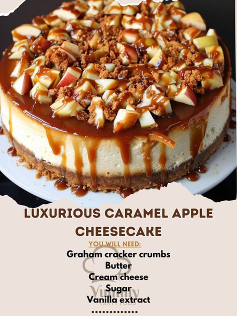 🍏🍰 Indulge in our Luxurious Caramel Apple Cheesecake for a decadent treat! 🍏🍰 #DessertHeaven #CheesecakeLovers Luxurious Caramel Apple Cheesecake Ingredients: Graham cracker crumbs (1 1/2 cups) Butter (1/2 cup, melted) Cream cheese (3 packages, 8 oz each, softened) Sugar (1 cup) Vanilla extract (1 tsp) Eggs (3) Apples (2 cups, peeled and chopped) Caramel sauce (1 cup) Cinnamon (1 tsp) Instructions: Preheat oven to 350°F (175°C). Mix graham cracker crumbs and melted butter; press into a 9-... Cheesecake Ice Cream Cake, Luxury Desserts, Cheesecake Delight, Cheesecake Ingredients, Brownie Desserts Recipes, Cookies Dough, Biscuits Graham, Cheesecake Lovers, Caramel Apple Cheesecake