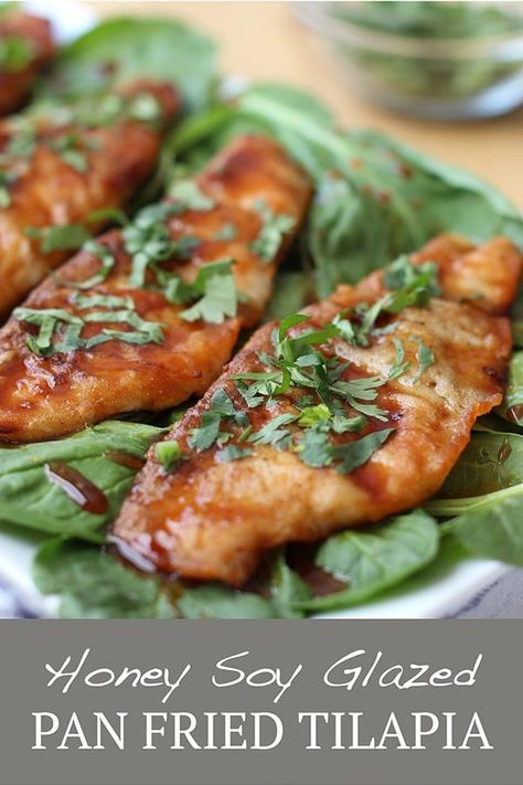 Honey Soy Tilapia - Crispy pan-fried Asian fish recipe drizzled with this honey soy glaze that is sweet and savory. Easy, healthy and yummy weeknight dinner recipe! Fish Tilapia, Pan Fried Tilapia, Fried Tilapia, Seared Fish, Tilapia Recipes, Honey Soy, Fish Recipe, Healthy Fish, Pan Seared