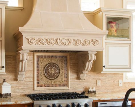 10 Kitchen Range Hoods That Make a Statement - Old World Stoneworks Stone Range Hood, Kitchen Range Hoods, Statement Kitchen, Antique Interior Design, French Country Kitchens, Mediterranean Style Homes, Kitchen Range Hood, Mediterranean Home Decor, Tropical Home Decor