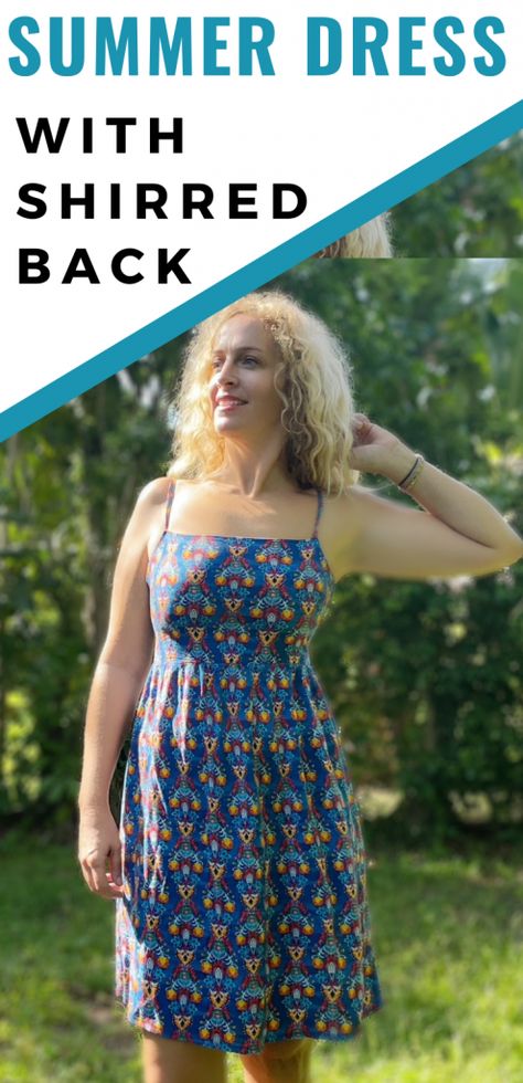 Easy Summer Dress Sewing Pattern with Shirred Back - Crafting on the Fly Summer Dress Sewing Patterns Sundresses, Easy Sundress Sewing Pattern, Shirred Back Dress Pattern, Sundress Sewing Patterns Free, Sewing A Sundress, Easy Sundress Pattern, Easy Diy Summer Dress, Shirred Back Dress, Spaghetti Strap Dress Pattern Free