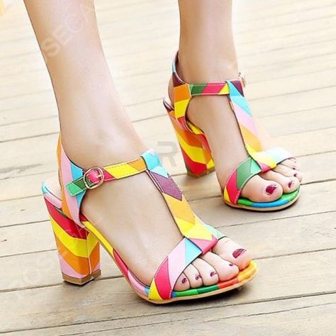 Chunky Heel Colored T-Strap Sandals , #affiliate, #Heel, #Chunky, #Colored, #Sandals, #Strap #affiliate Multi Colored Shoes, Tie Up Sandals, T Strap Shoes, Party Pumps, Lace Up High Heels, Mid Heel Sandals, Open Toe High Heels, Womens Sandals Summer, Chunky Heels Sandals