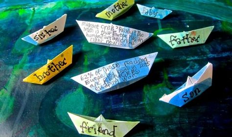 Refugee art Immigration Art, Refugee Boat, Refugee Week, Refugees Art, Arts And Crafts Bungalow, Paper Boats, Protest Art, Paper Wall Hanging, Cross Art