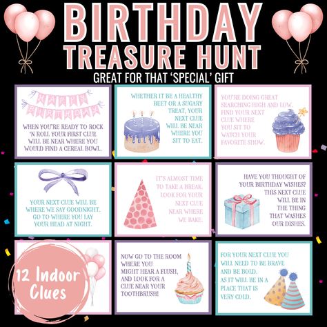 Birthday Party Scavenger Hunt Ideas, Taylor Swift Scavenger Hunt Clues, Birthday Scavenger Hunt For Teens, Birthday Scavenger Hunt Clues, Scavenger Hunt Birthday Party, Birthday Treasure Hunt, Birthday Scavenger Hunt, Party Games Printable, Clue Cards