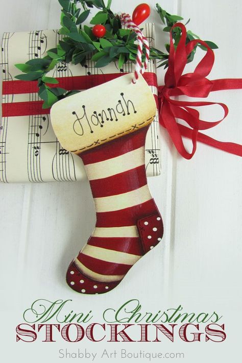 Shabby Art Boutique - Mini Christmas Stockings Christmas Stockings Painted On Wood, Painting Stocking Ideas, Christmas Stocking Ornaments, Wood Stocking, Wooden Stocking, Shabby Art Boutique, Wood Props, Mini Christmas Stockings, Christmas Stocking Hangers