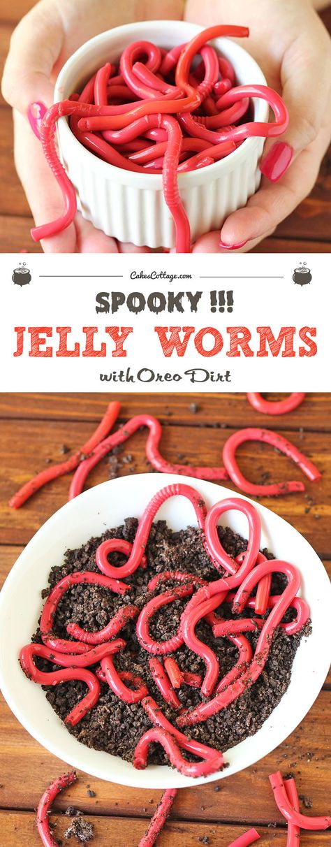 Jelly Worms with Oreo Dirt - Cakescottage Goosebumps Birthday, Jello Worms, Goosebumps Party, Jelly Worms, Halloween Jelly, Survivor Party, Oreo Dirt, Creepy Halloween Food, Postres Halloween