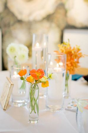 Bud Vases Wedding, Bud Vase Centerpiece, Floating Candles Wedding, Bud Vases Flowers, Floating Candle Centerpieces, Wedding Vases, Cylinder Vase, Orange Wedding, Denver Wedding